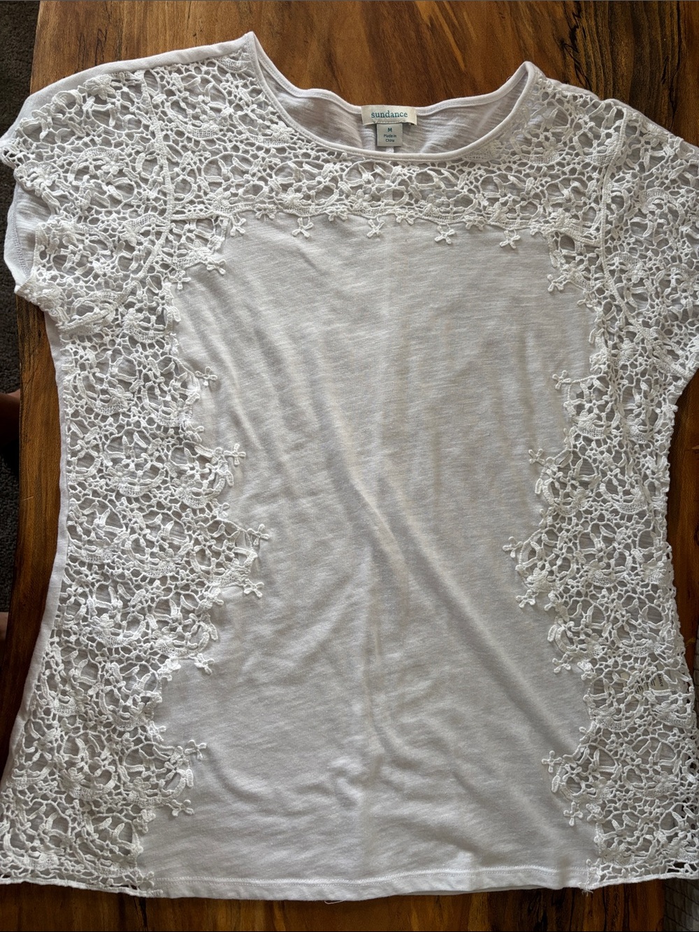 Sundance White Short-Sleeve Crochet Lace Tee M
